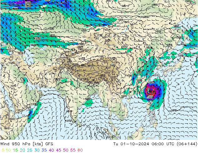 Wind 950 hPa GFS Di 01.10.2024 06 UTC