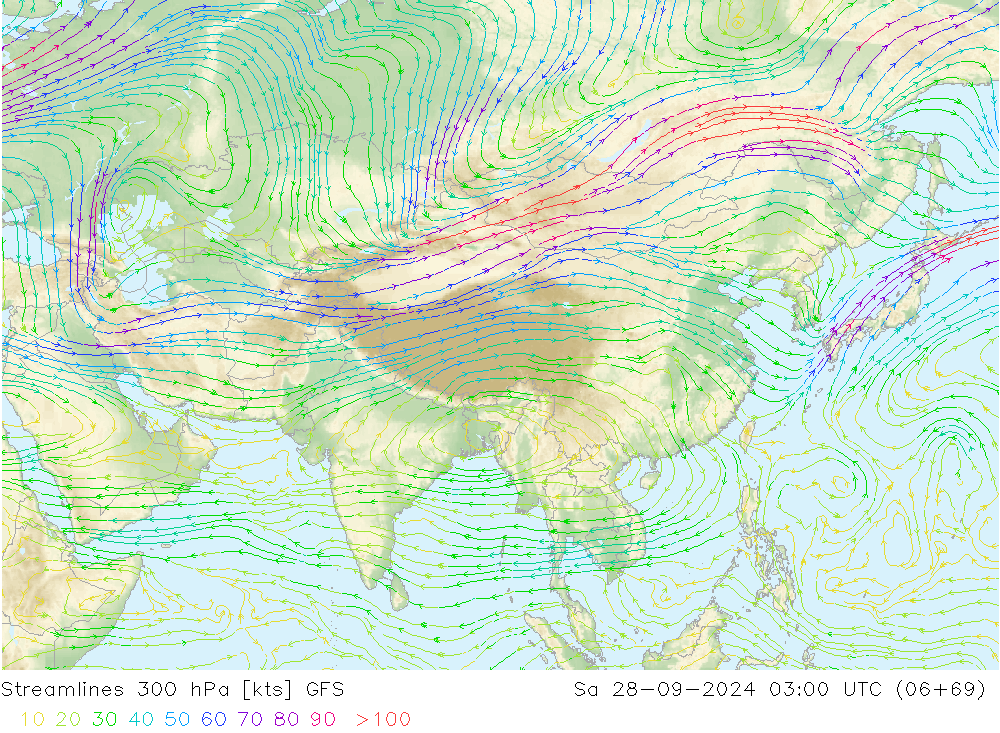 Streamlines 300 hPa GFS Sa 28.09.2024 03 UTC