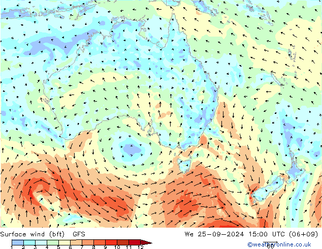 Wind 10 m (bft) GFS wo 25.09.2024 15 UTC