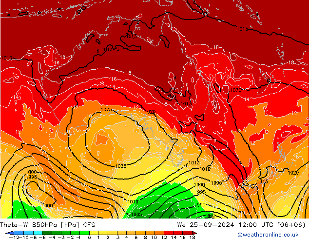 Theta-W 850гПа GFS ср 25.09.2024 12 UTC