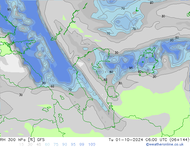 RH 300 hPa GFS Di 01.10.2024 06 UTC