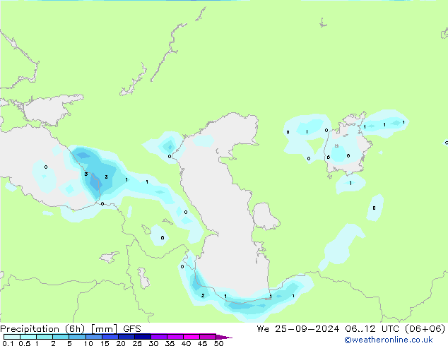 Precipitation (6h) GFS We 25.09.2024 12 UTC