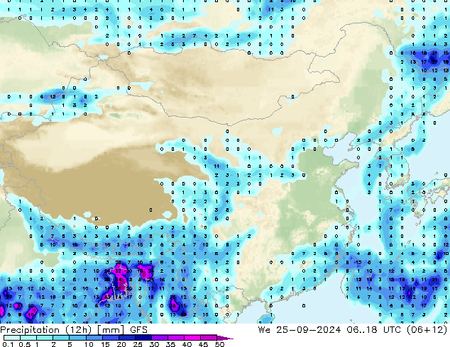 Precipitación (12h) GFS mié 25.09.2024 18 UTC