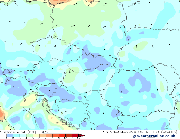 Wind 10 m (bft) GFS za 28.09.2024 00 UTC