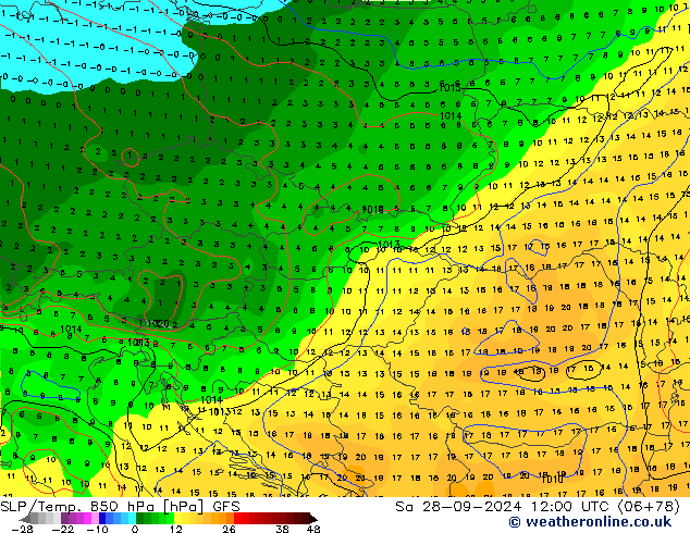 SLP/Temp. 850 hPa GFS Sa 28.09.2024 12 UTC