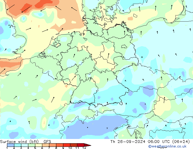 Vento 10 m (bft) GFS Qui 26.09.2024 06 UTC