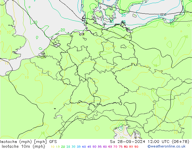 Isotachs (mph) GFS sab 28.09.2024 12 UTC