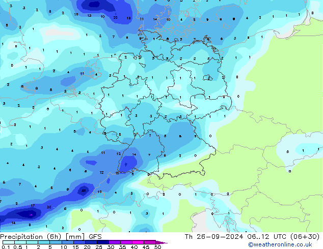 Totale neerslag (6h) GFS do 26.09.2024 12 UTC