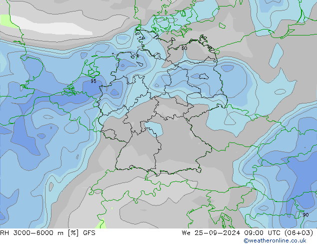 Humidité rel. 3000-6000 m GFS mer 25.09.2024 09 UTC