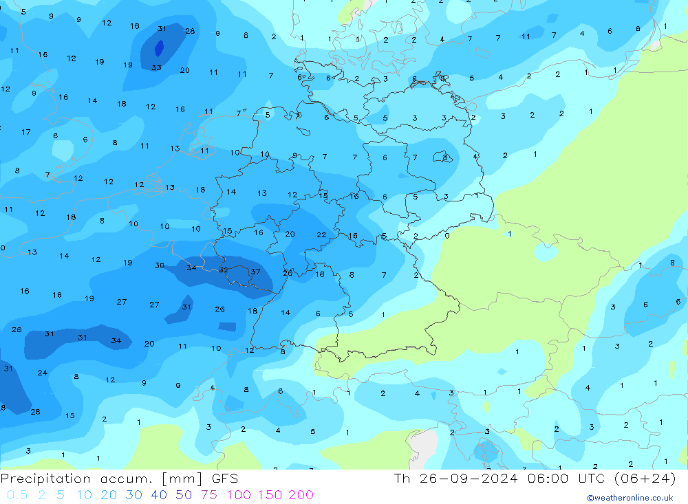 Precipitation accum. GFS Th 26.09.2024 06 UTC