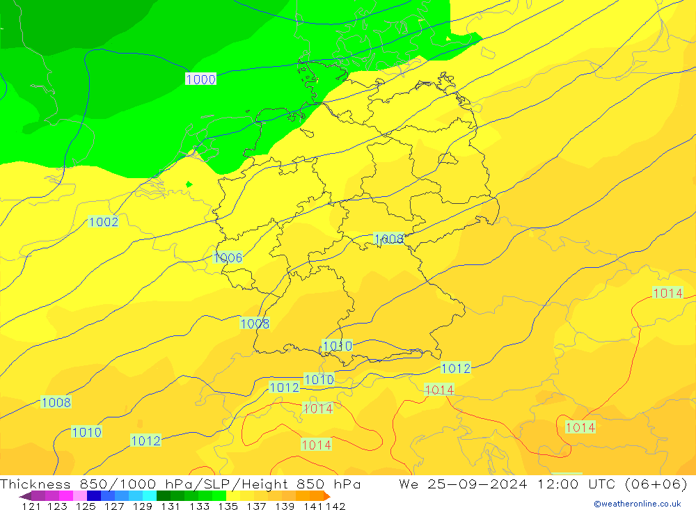 Dikte 850-1000 hPa GFS wo 25.09.2024 12 UTC