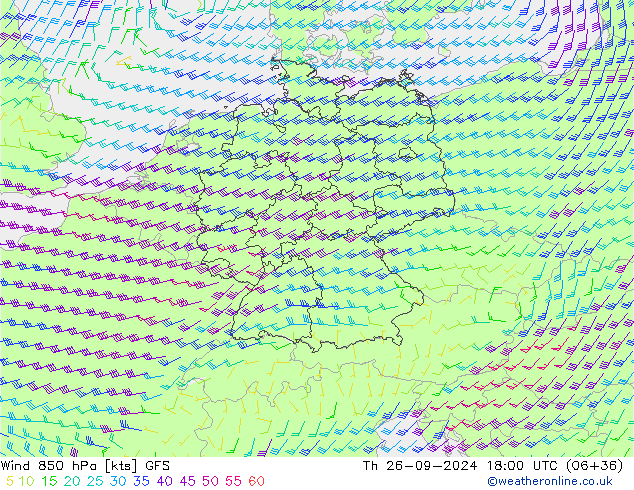 Vento 850 hPa GFS gio 26.09.2024 18 UTC