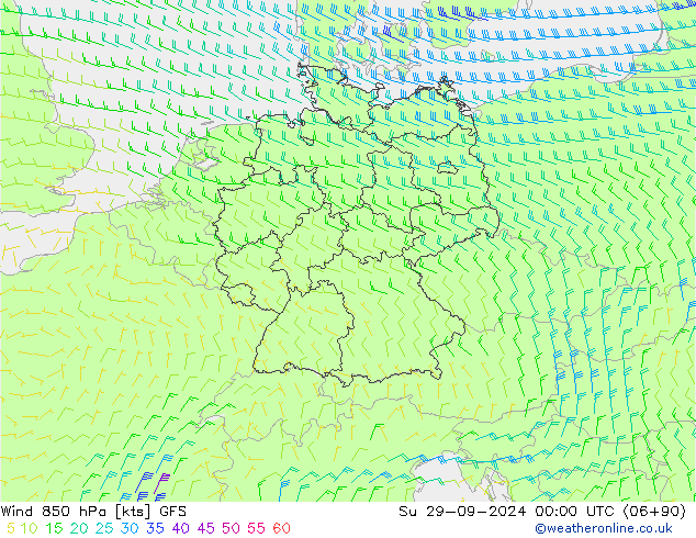 Viento 850 hPa GFS dom 29.09.2024 00 UTC