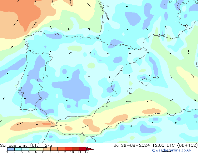 ве�Bе�@ 10 m (bft) GFS Вс 29.09.2024 12 UTC