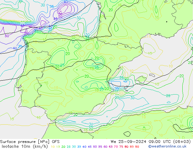 Isotachs (kph) GFS St 25.09.2024 09 UTC