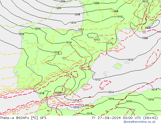 Theta-e 850hPa GFS ven 27.09.2024 00 UTC