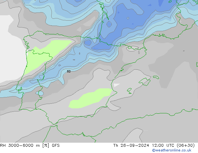 Humidité rel. 3000-6000 m GFS jeu 26.09.2024 12 UTC