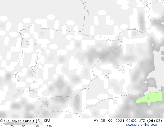 Cloud cover (total) GFS We 25.09.2024 09 UTC