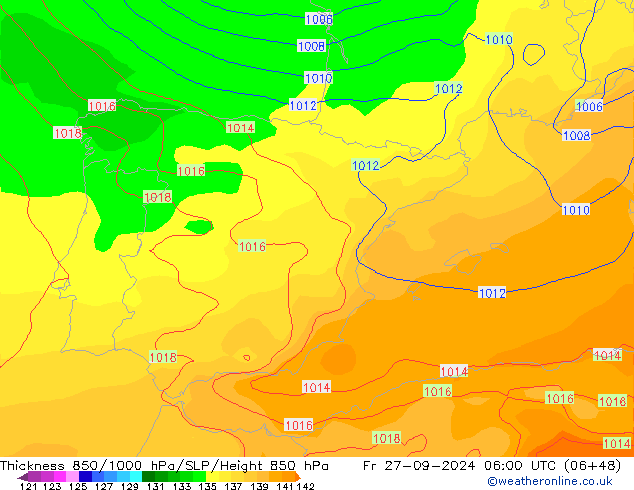 Thck 850-1000 hPa GFS ven 27.09.2024 06 UTC