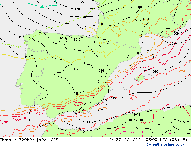 Theta-e 700hPa GFS Pá 27.09.2024 03 UTC