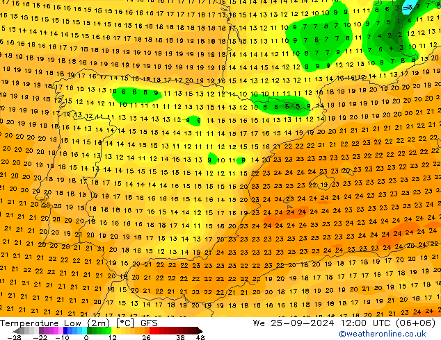 Min.temperatuur (2m) GFS wo 25.09.2024 12 UTC