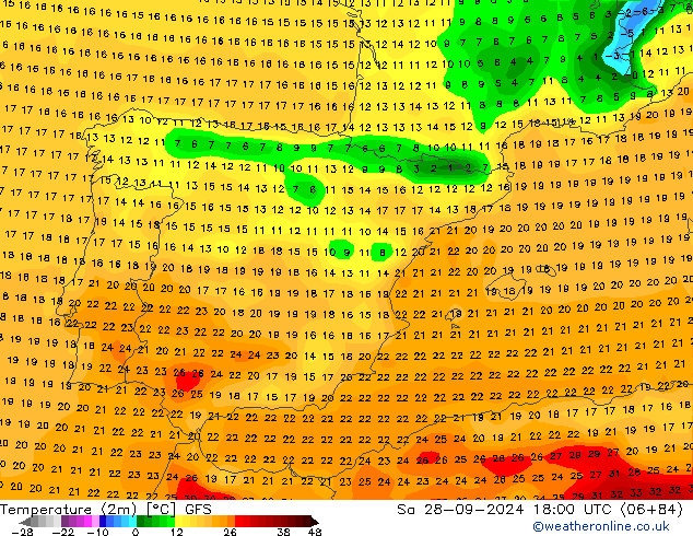 Temperatura (2m) GFS sab 28.09.2024 18 UTC