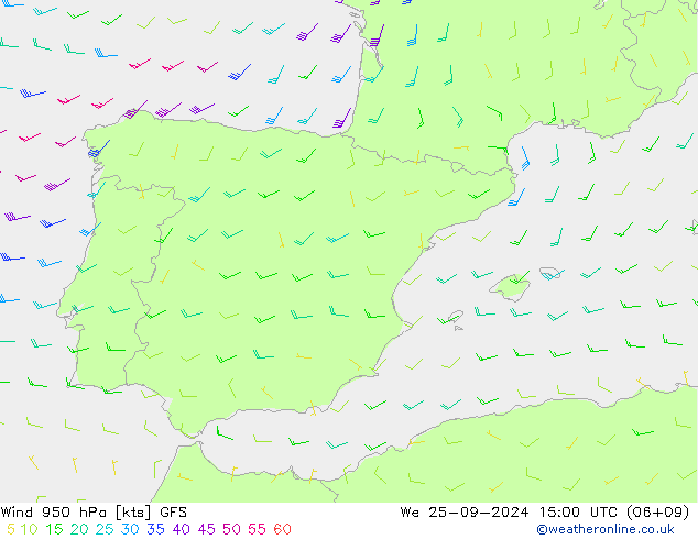 Wind 950 hPa GFS We 25.09.2024 15 UTC