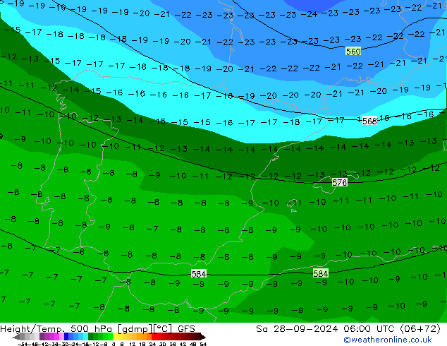 Height/Temp. 500 hPa GFS so. 28.09.2024 06 UTC