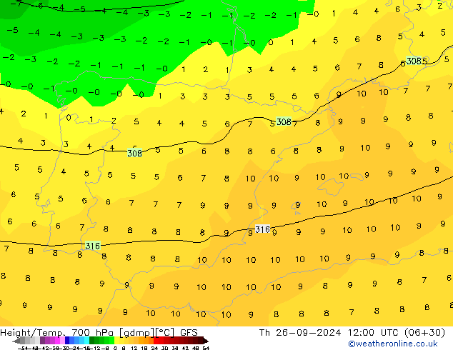 Géop./Temp. 700 hPa GFS jeu 26.09.2024 12 UTC