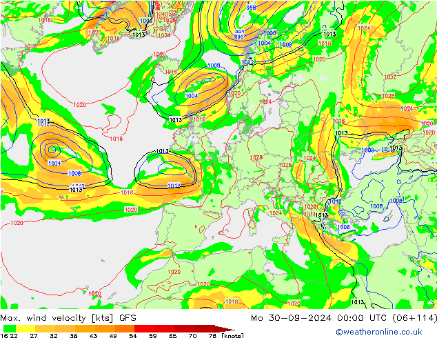 Max. wind velocity GFS пн 30.09.2024 00 UTC