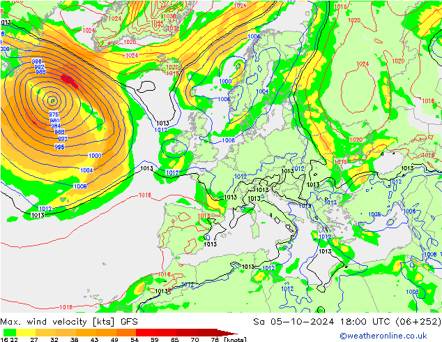 Max. wind velocity GFS сб 05.10.2024 18 UTC