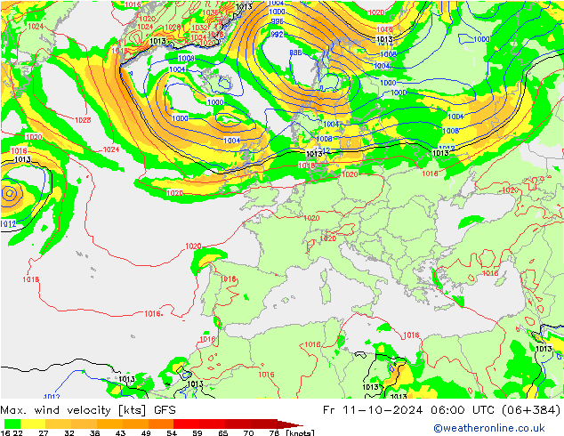 Max. wind velocity GFS пт 11.10.2024 06 UTC