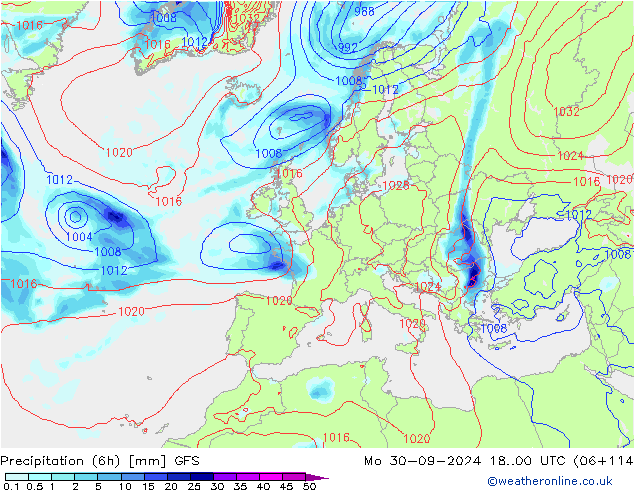 Precipitation (6h) GFS Mo 30.09.2024 00 UTC