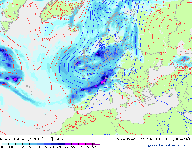 Precipitation (12h) GFS Th 26.09.2024 18 UTC