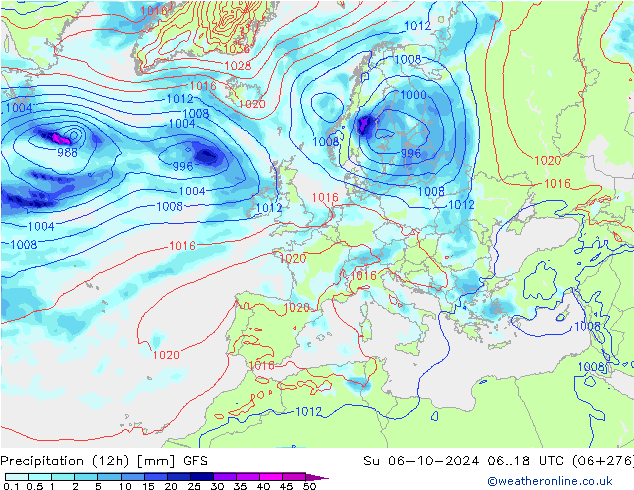 Précipitation (12h) GFS dim 06.10.2024 18 UTC