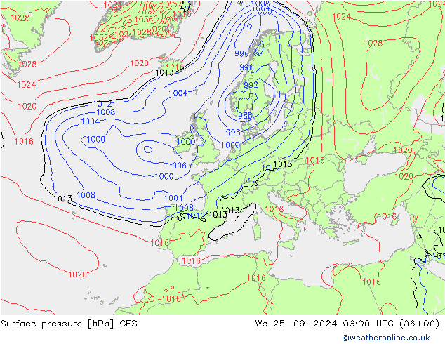 Atmosférický tlak GFS St 25.09.2024 06 UTC