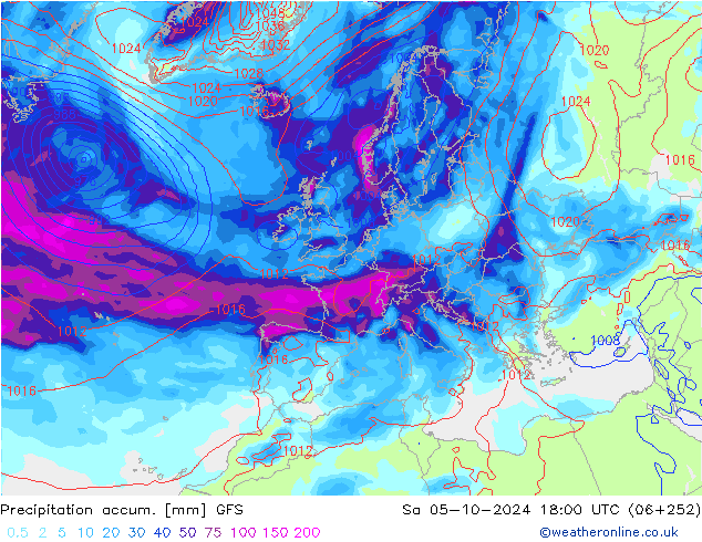 Precipitación acum. GFS sáb 05.10.2024 18 UTC