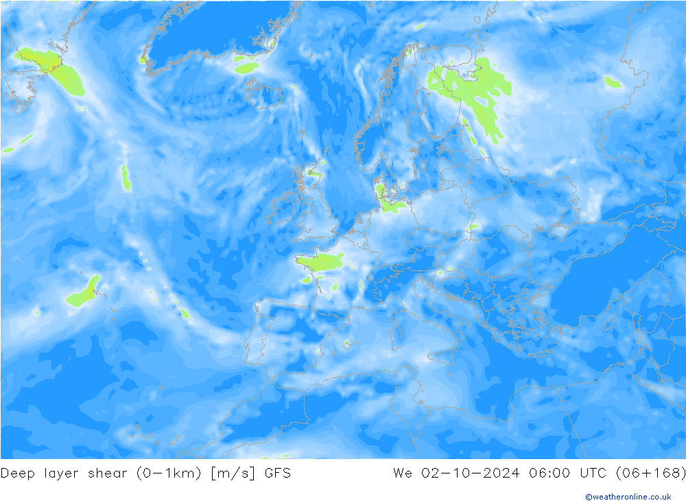 Deep layer shear (0-1km) GFS We 02.10.2024 06 UTC