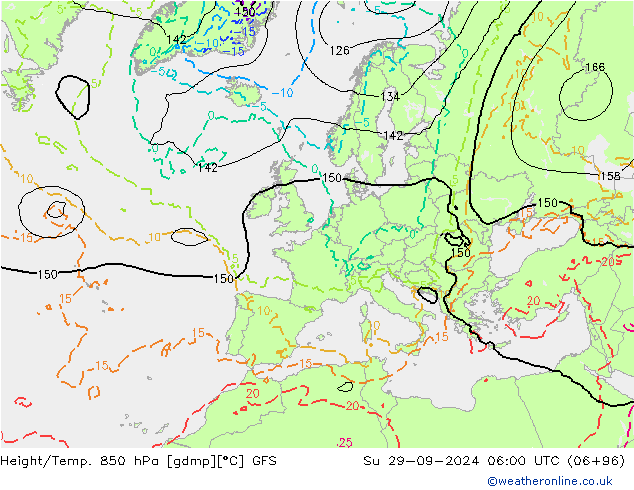 Geop./Temp. 850 hPa GFS dom 29.09.2024 06 UTC