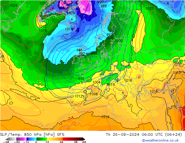 SLP/Temp. 850 hPa GFS do 26.09.2024 06 UTC