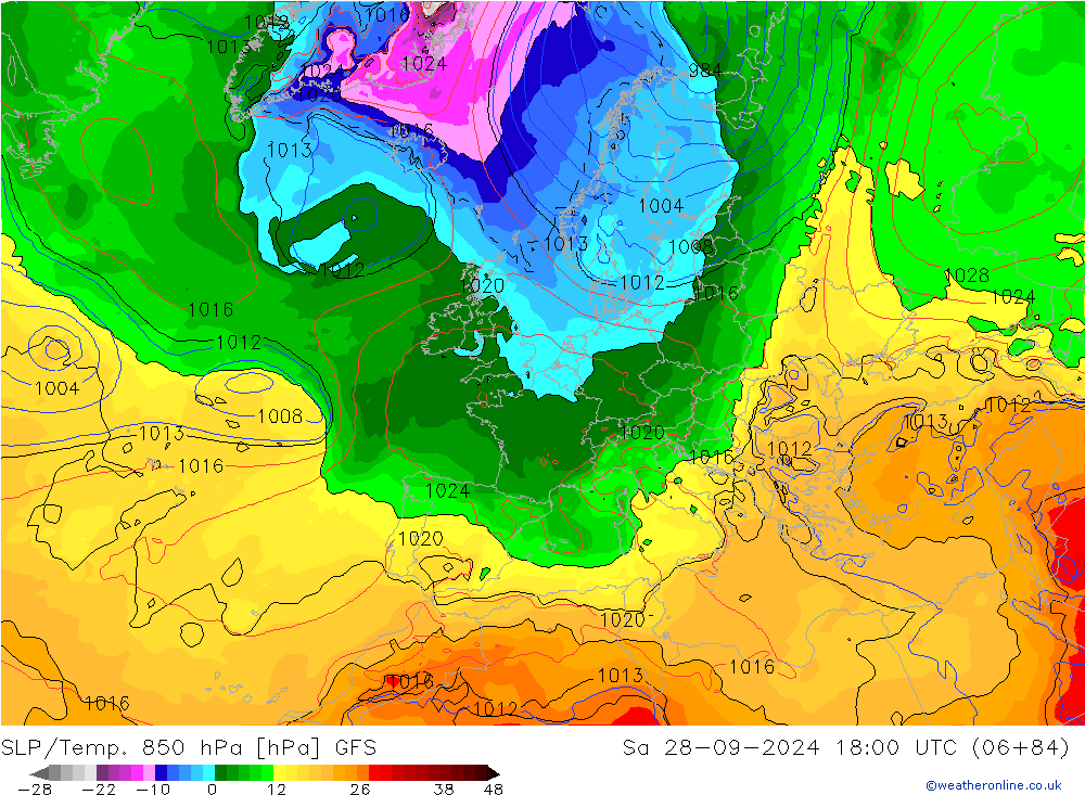 SLP/Temp. 850 гПа GFS сб 28.09.2024 18 UTC