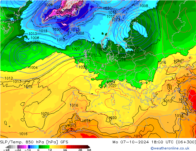 SLP/Temp. 850 hPa GFS Mo 07.10.2024 18 UTC