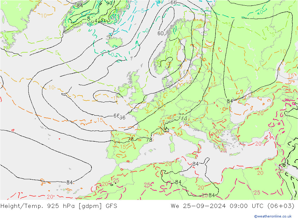 Yükseklik/Sıc. 925 hPa GFS Çar 25.09.2024 09 UTC