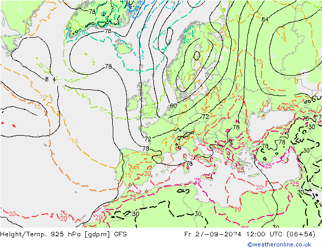 Height/Temp. 925 hPa GFS Fr 27.09.2024 12 UTC