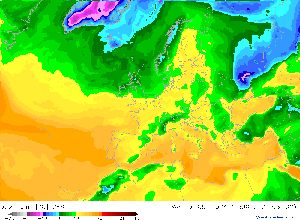 Taupunkt GFS Mi 25.09.2024 12 UTC