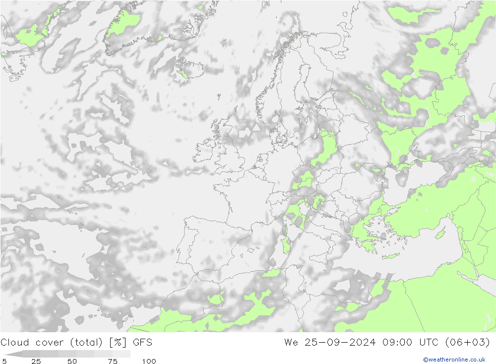 Cloud cover (total) GFS St 25.09.2024 09 UTC