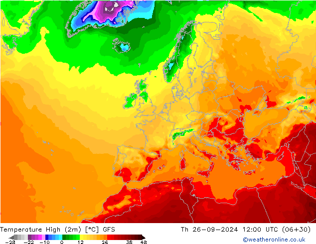 température 2m max GFS jeu 26.09.2024 12 UTC