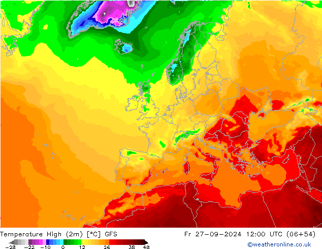 Max.temperatuur (2m) GFS vr 27.09.2024 12 UTC