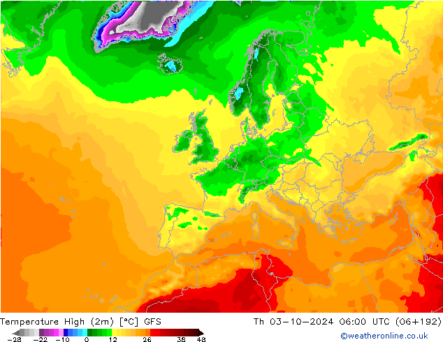 Nejvyšší teplota (2m) GFS Čt 03.10.2024 06 UTC