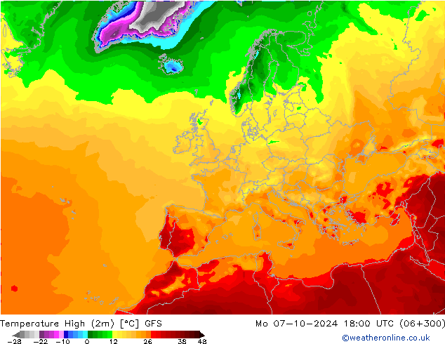 Temperature High (2m) GFS Mo 07.10.2024 18 UTC